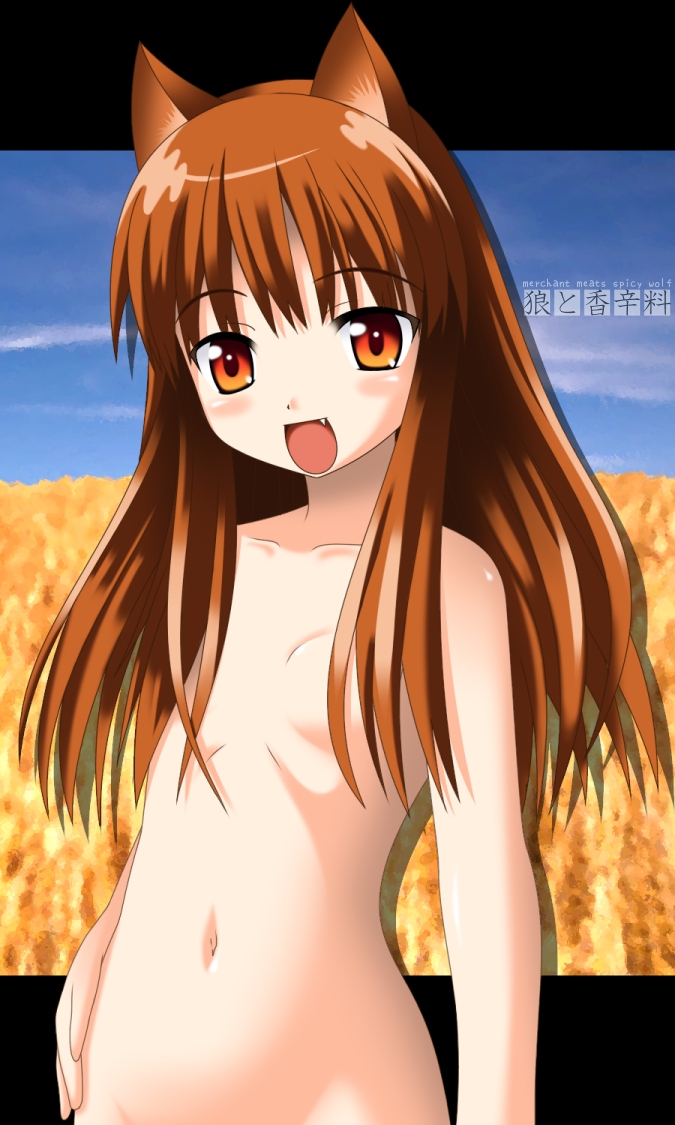 mizuki kotora, rindou (awoshakushi), holo, kotarou (wanko), spice and wolf, wanko to kurasou, bad id, bad pixiv id, 00s, 1girl, animal ears, brown hair, fang, female focus, long hair, nude, red eyes, solo, wheat, wolf ears