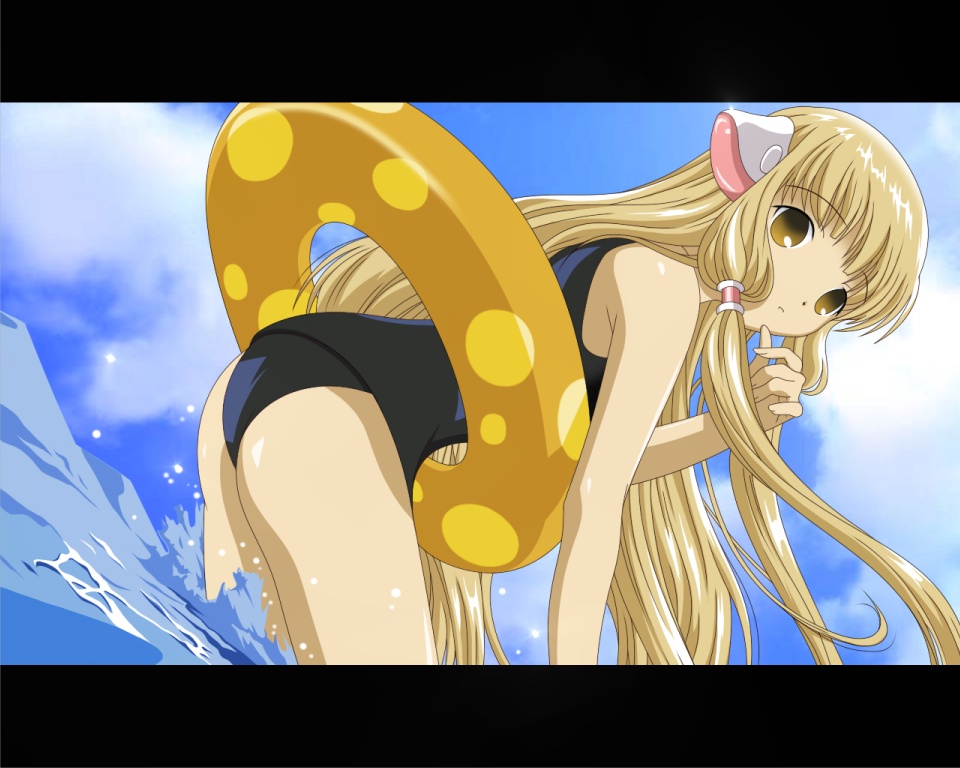 rindou (awoshakushi), chii, chobits, kodansha, derivative work, vector trace, blonde hair, innertube, letterboxed, long hair, one-piece swimsuit, school swimsuit, solo, swim ring, swimsuit, water