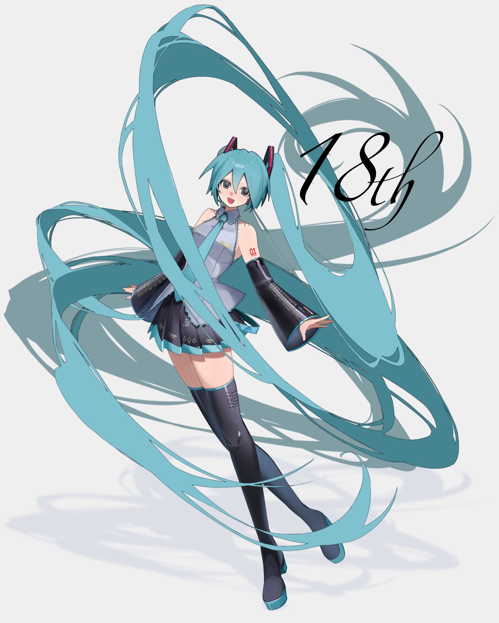 koko niiru, hatsune miku, vocaloid, highres, 1girl, absurdly long hair, aqua eyes, aqua hair, aqua necktie, bare shoulders, black skirt, black sleeves, black thighhighs, blue hair, blue necktie, boots, character name, collared shirt, detached sleeves, floating hair, full body, grey shirt, hair between eyes, hair ornament, long hair, looking at viewer, miniskirt, necktie, number tattoo, open mouth, pleated skirt, shirt, simple background, skirt, sleeveless, sleeveless shirt, smile, solo, tattoo, thigh boots, thighhighs, twintails, very long hair, white background, zettai ryouiki