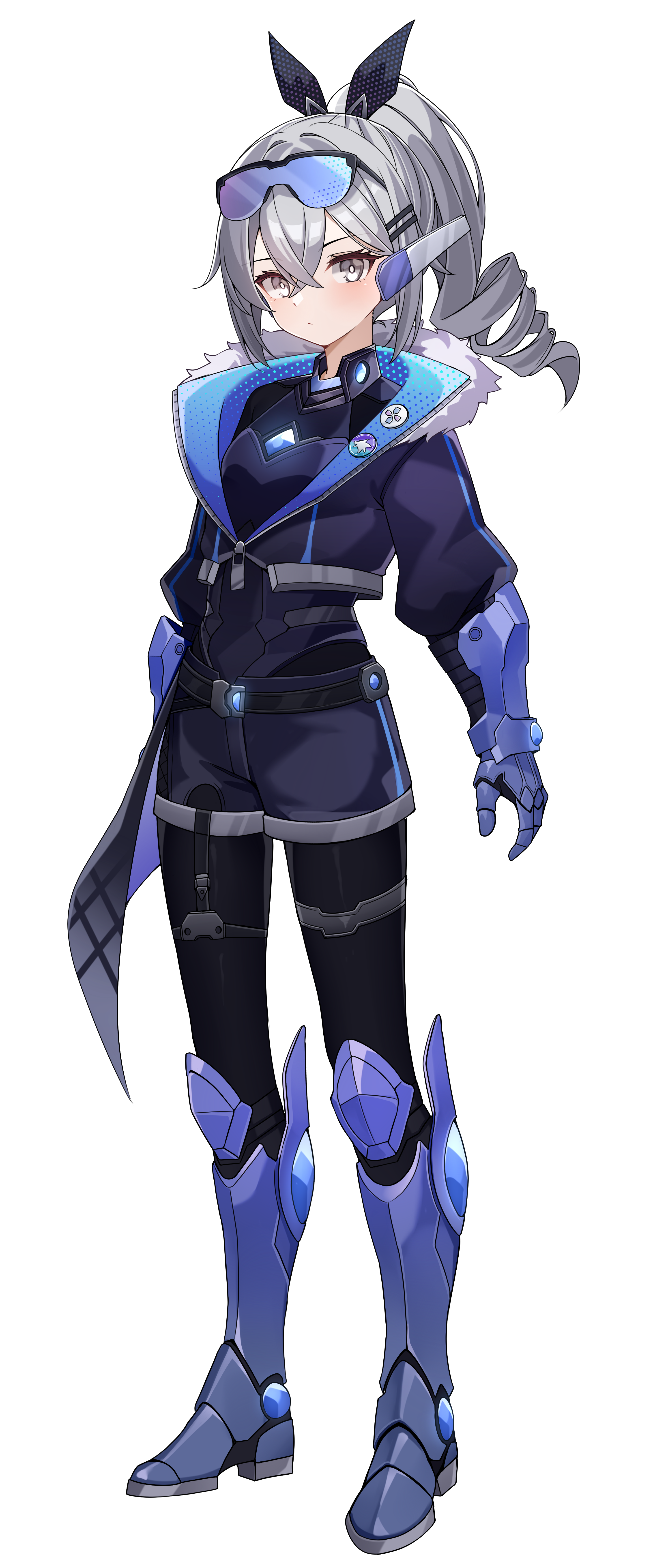 wayanfa, silver wolf (honkai: star rail), honkai: star rail, honkai (series), mega man (series), mega man zero (series), absurdres, commission, commissioner upload, highres, non-web source, 1girl, alternate costume, armored boots, belt, belted shorts, body armor, boots, bow, cropped jacket, crossover, drill hair, drill ponytail, elbow gloves, eyelashes, eyewear on head, fur-trimmed jacket, fur trim, gauntlets, gloves, grey eyes, hair bow, hair ornament, high heel boots, high heels, jacket, knee armor, knee boots, long bangs, long hair, looking at viewer, partially unzipped, shorts, solo, thigh strap, transparent background