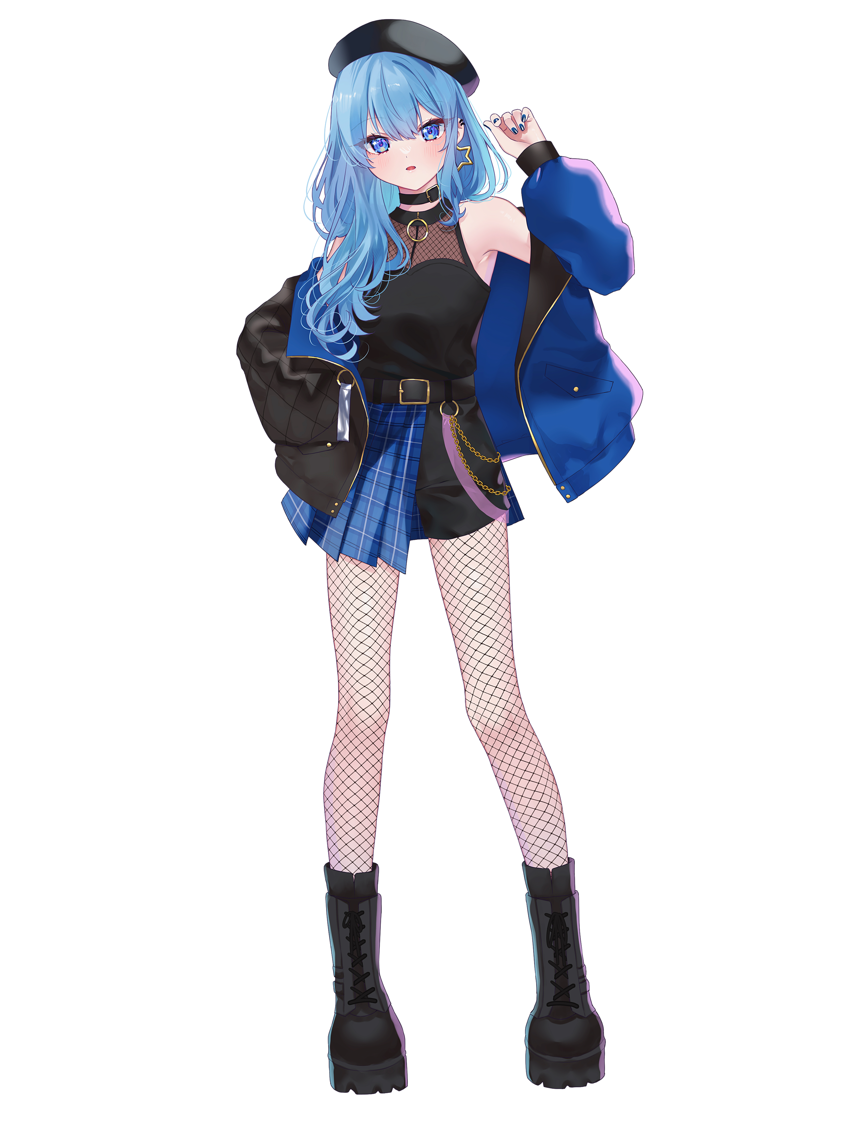 yuuyu (moco20111115), hoshimachi suisei, hololive, absurdres, highres, 1girl, belt, beret, black belt, black boots, black choker, black hat, black shirt, black skirt, blue eyes, blue hair, blue jacket, blue nails, boots, choker, earrings, fishnet pantyhose, fishnets, full body, hand up, hat, jacket, jewelry, looking at viewer, miniskirt, nail polish, off shoulder, pantyhose, parted lips, plaid clothes, plaid skirt, shirt, simple background, skirt, solo, standing, star (symbol), star earrings, star in eye, symbol in eye, virtual youtuber, white background