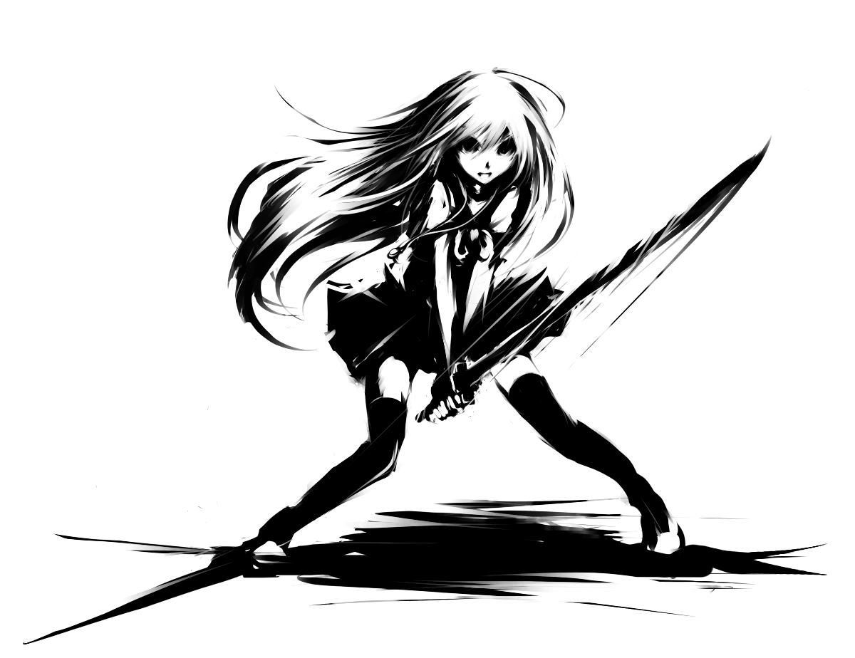 mohomen, alastor (shakugan no shana), shana, shakugan no shana, 00s, 1girl, ahoge, female focus, full body, greyscale, high contrast, holding, holding sword, holding weapon, jewelry, katana, legs apart, long hair, monochrome, pendant, school uniform, serafuku, solo, sword, thighhighs, weapon, zettai ryouiki