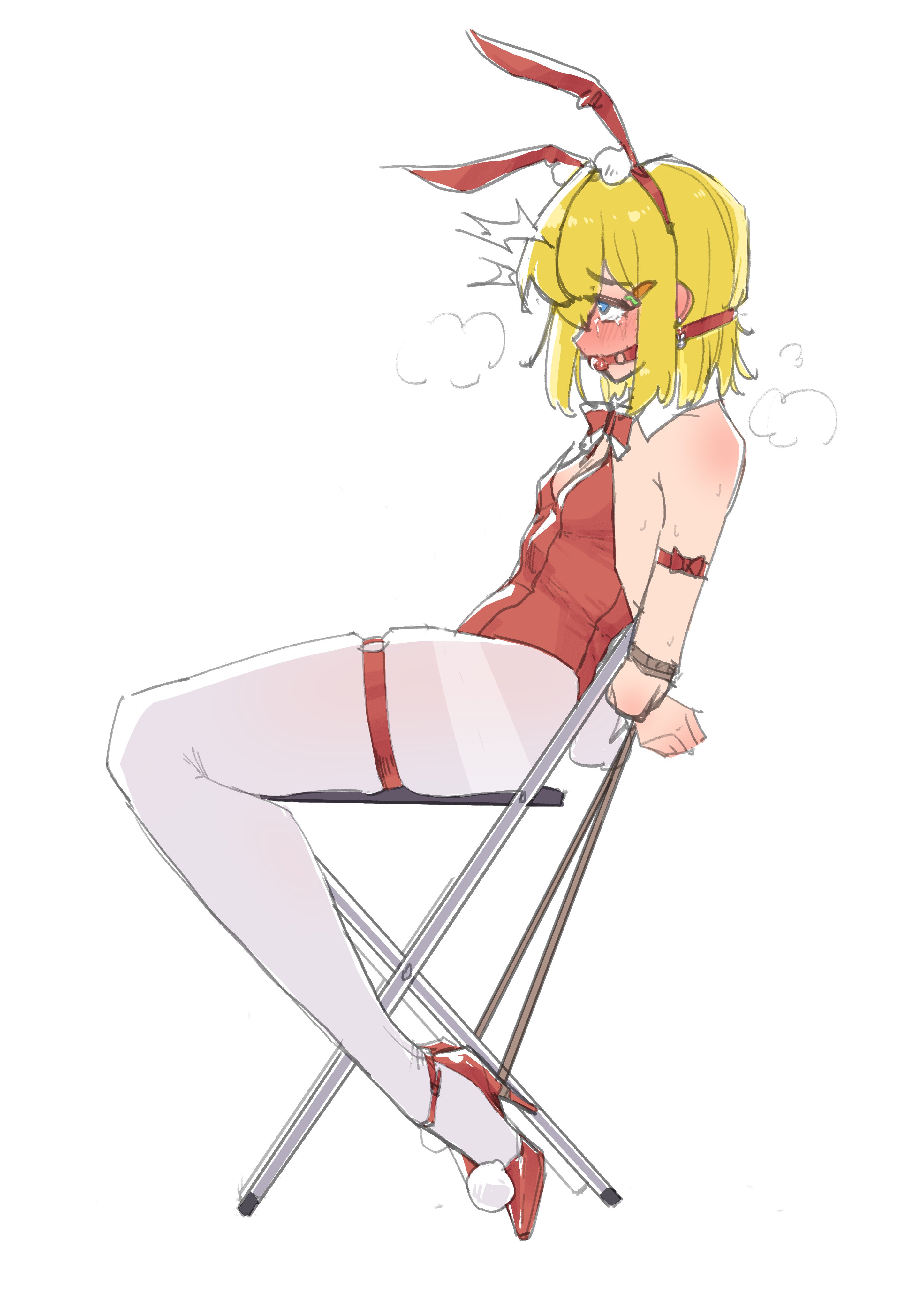 stank, original, absurdres, highres, 1girl, animal ears, aqua eyes, arms behind back, ball gag, bare shoulders, blonde hair, blush, bow, bowtie, breasts, chair, clothes lift, collar, d'orsay heels, fake animal ears, folding chair, from side, full-face blush, full body, gag, gagged, gym shirt, high heels, leotard, navel, pantyhose, playboy bunny, rabbit ears, rabbit tail, raised eyebrows, red bow, red bowtie, red leotard, red shoes, restrained, shirt, shirt lift, shoes, short hair, simple background, sitting, skindentation, small breasts, steaming body, strappy heels, tail, tearing up, thigh strap, thighband pantyhose, tied to chair, white collar, white pantyhose
