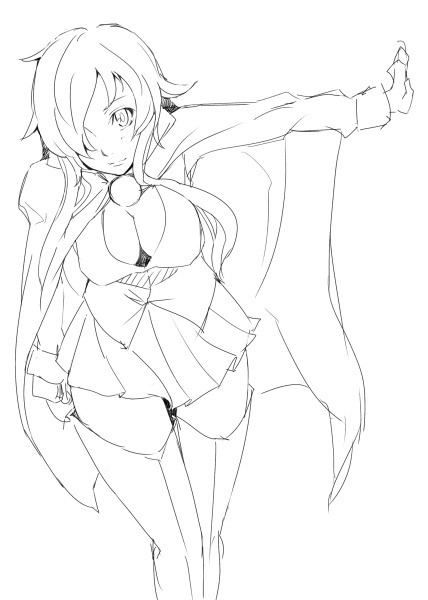 yamamoto enji, tagme, 1girl, cape, female focus, greyscale, hair over one eye, monochrome, solo