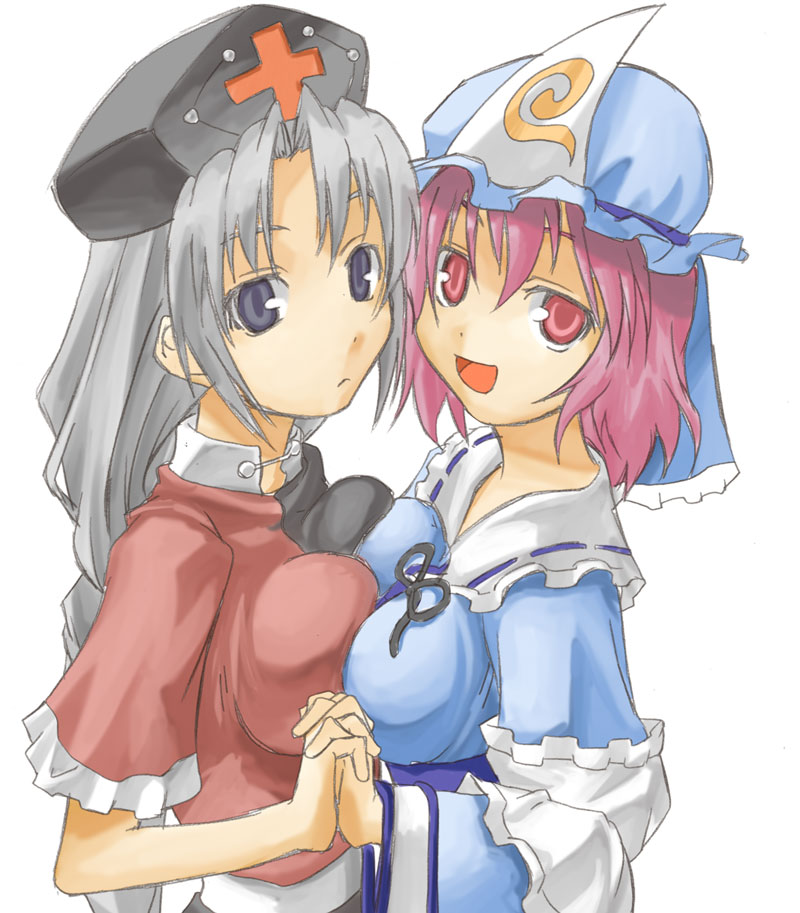 saigyouji yuyuko, yagokoro eirin, touhou, silver hair, artist request, non-web source, >:(, >:d, 2girls, :d, blue eyes, braid, breast press, breasts, cheek-to-cheek, cleavage, female focus, frown, hat, heads together, impossible clothes, impossible shirt, japanese clothes, kimono, large breasts, long hair, looking at viewer, multiple girls, open mouth, parted bangs, pink eyes, pink hair, shirt, simple background, smile, straight hair, symmetrical docking, triangular headpiece, upper body, v-shaped eyebrows, veil, very long hair, wavy hair, white background, wide sleeves, yuri