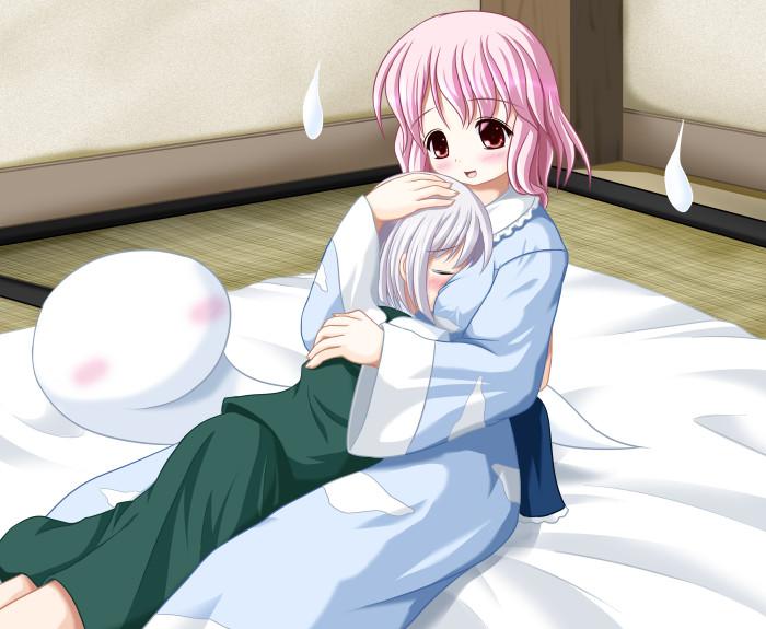 konpaku youmu, konpaku youmu (ghost), saigyouji yuyuko, touhou, jpeg artifacts, 2girls, between breasts, blush, breast pillow, breast smother, breasts, face between breasts, face to breasts, female focus, head between breasts, hitodama, hug, multiple girls, smother, yuri