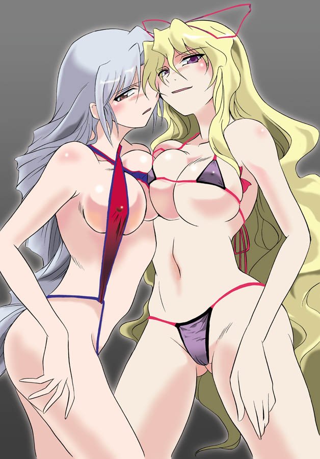 angeldust, yagokoro eirin, yakumo yukari, touhou, silver hair, 2girls, bikini, blonde hair, blush, breast press, breasts, brown eyes, covered erect nipples, female focus, hair ribbon, large breasts, long hair, micro bikini, multiple girls, naughty face, purple eyes, ribbon, slingshot swimsuit, swimsuit, symmetrical docking, very long hair