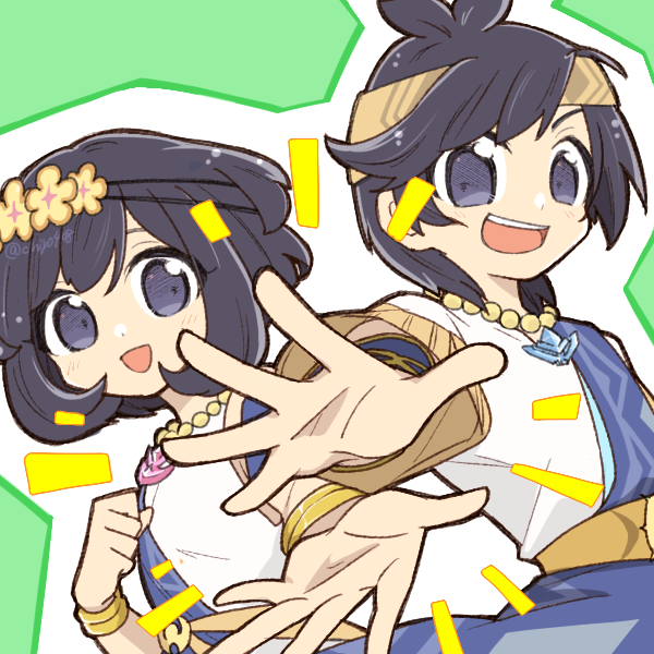 chiyo408, elio (champion) (pokemon), elio (pokemon), selene (champion) (pokemon), selene (pokemon), nintendo, pokemon, pokemon masters ex, commentary request, 1boy, 1girl, :d, bead necklace, beads, black eyes, black hair, blue sash, dual persona, flower, green background, headband, jewelry, necklace, open mouth, reaching, reaching towards viewer, sash, short hair, smile, tareme, teeth, upper teeth only, yellow flower, yellow headband