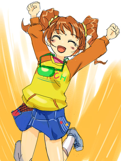 michael f91, takatsuki yayoi, idolmaster, idolmaster (classic), idolmaster 1, 00s, 1girl, arms up, brown hair, closed eyes, female focus, jumping, outstretched arms, raglan sleeves, red hair, skirt, smile, solo, twintails