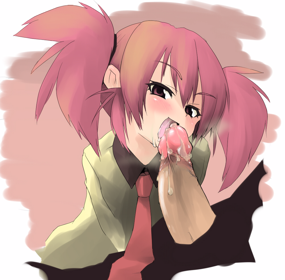 atahuta, edomae lunar, seto no hanayome, bad id, bad pixiv id, 00s, 1girl, blush, cum, cum in mouth, cum on body, facial, fellatio, hair ribbon, licking, looking at viewer, naughty face, necktie, open mouth, oral, penis, pink eyes, pink hair, ribbon, twintails, uncensored