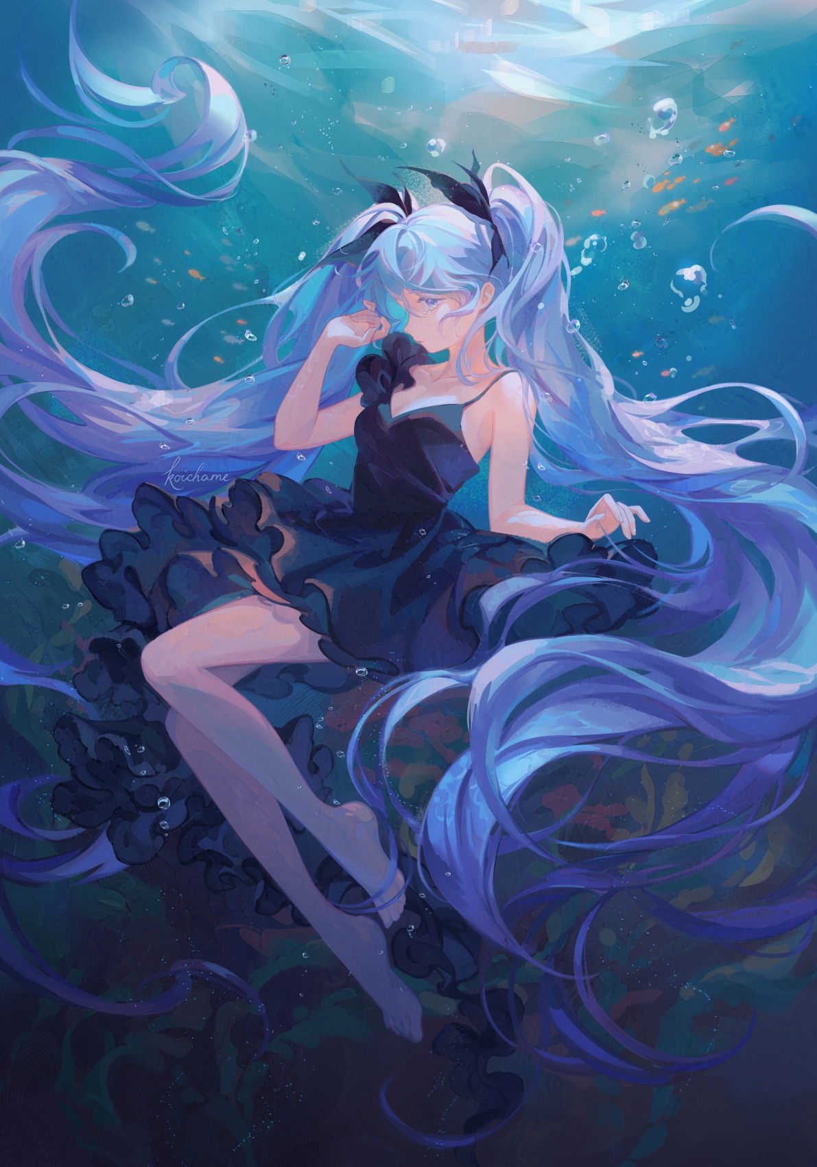 koichame, hatsune miku, shinkai shoujo (vocaloid), vocaloid, highres, 1girl, air bubble, artist name, bare arms, bare legs, bare shoulders, barefoot, black dress, blue hair, breasts, bubble, closed eyes, closed mouth, collarbone, dress, fish, floating hair, frilled dress, frills, full body, hair ribbon, hand up, long hair, ribbon, sleeveless, sleeveless dress, solo, spaghetti strap, twintails, underwater, very long hair