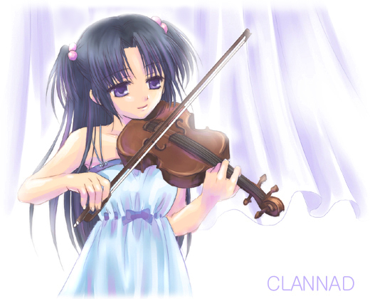ichinose kotomi, clannad, tagme, 00s, bow (music), copyright name, dress, instrument, solo, two side up, violin