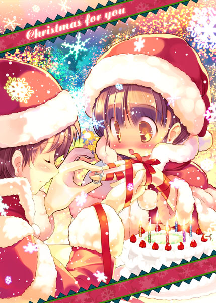 hanpen, puus, bandages, blush, brown eyes, brown hair, cake, candle, christmas, food, hat, jewelry, orange eyes, pastry, ribbon, ring, santa costume, santa hat, yellow eyes