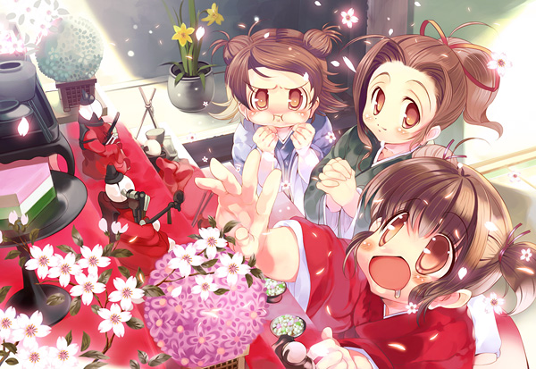 hanpen, puus, 3girls, :d, :i, angry, blush, brown eyes, brown hair, cherry blossoms, clenched hands, drooling, flower, flower pot, hair ribbon, happy, interlocked fingers, multiple girls, open mouth, orange eyes, own hands clasped, own hands together, petals, pout, reaching, ribbon, saliva, smile