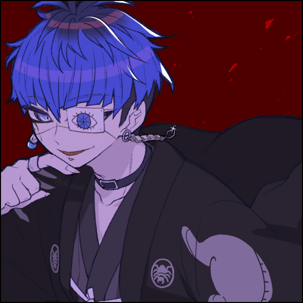 chiyo408, omokage yugamu, the hundred line -last defense academy-, commentary request, 1boy, belt collar, black border, black collar, black hair, black haori, blue eyes, blue hair, border, chin piercing, collar, earrings, eyepatch, face piercing, glint, grey kimono, haori, japanese clothes, jewelry, kimono, male focus, mismatched earrings, multicolored hair, open mouth, piercing, print eyepatch, red background, ring, short hair, simple background, smile, solo, two-tone hair, upper body