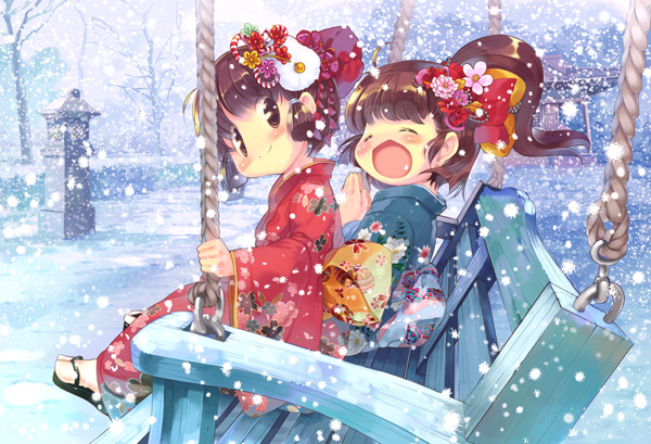 hanpen, puus, original, 2girls, bench, blush, brown eyes, brown hair, day, hair ornament, happy, japanese clothes, kimono, laughing, multiple girls, on swing, outdoors, sitting, smile, snow, snowing, stone lantern, swing, winter