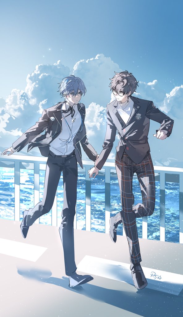 r5 (yexinr5), amamiya ren, yuuki makoto (persona 3), persona, persona 3, persona 5, 2boys, arm up, belt, belt buckle, black-framed eyewear, black belt, black hair, black jacket, black pants, black shoes, blue eyes, blue hair, buckle, cloud, cumulonimbus cloud, digital media player, eye contact, gekkoukan high school uniform, glasses, grey eyes, headphones, headphones around neck, jacket, lapels, layered sleeves, long sleeves, looking at another, male focus, multiple boys, ocean, open clothes, open jacket, outdoors, outstretched arms, pants, plaid clothes, plaid pants, railing, running, school emblem, school uniform, shirt, shirt tucked in, shoes, short hair, shuujin academy school uniform, sky, suit jacket, water, white shirt