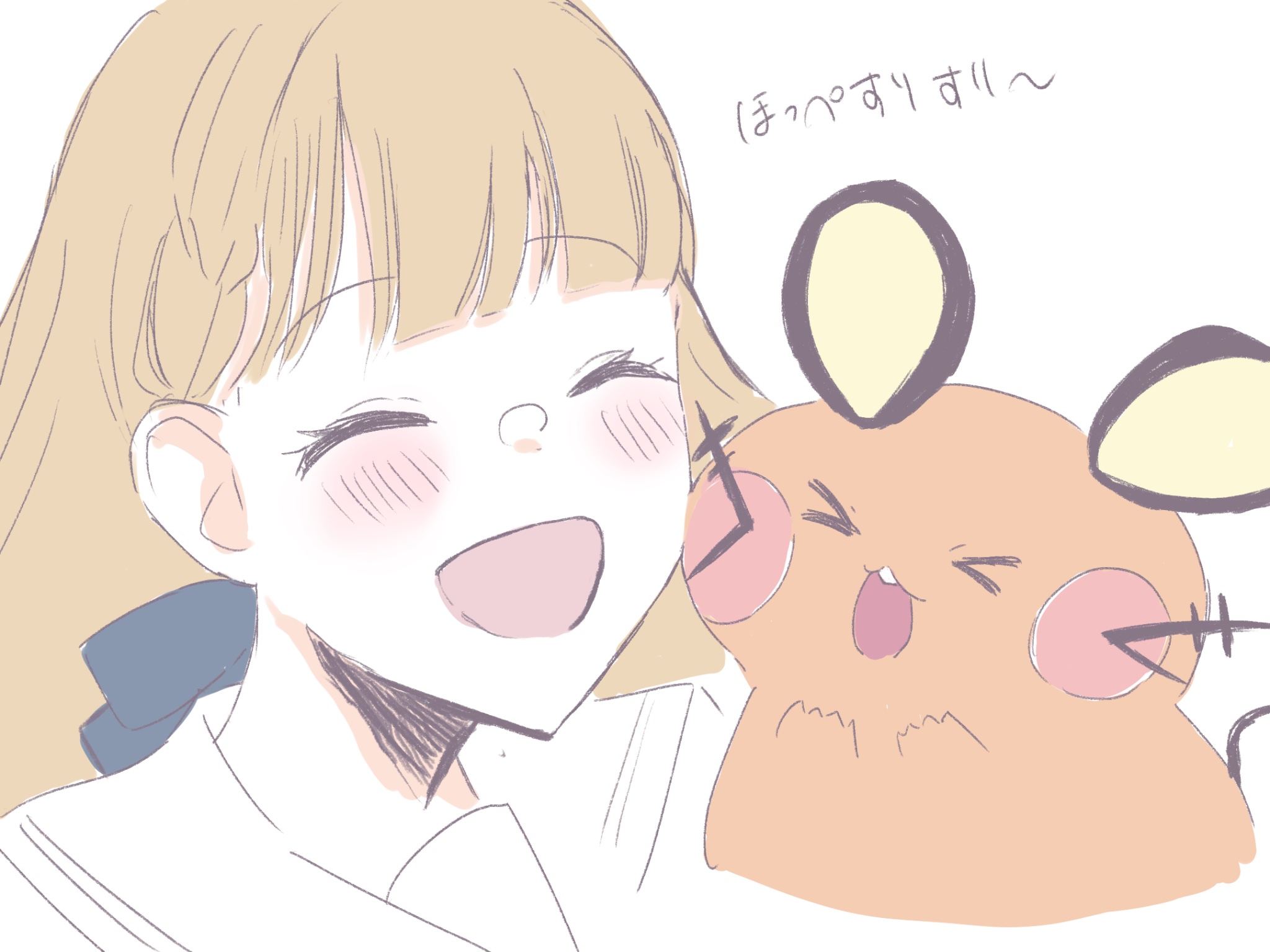 dedenne, kachimachi kosuzu, link! like! love live!, love live!, nintendo, pokemon, highres, > <, 1girl, :d, black bow, bow, braid, brown hair, center-flap bangs, cheek-to-cheek, crossover, gen 6 pokemon, hair bow, hasu no sora school uniform, heads together, mouse (animal), open mouth, pokemon (creature), sailor collar, school uniform, side braids, simple background, smile, tikuwa l, virtual youtuber, white background