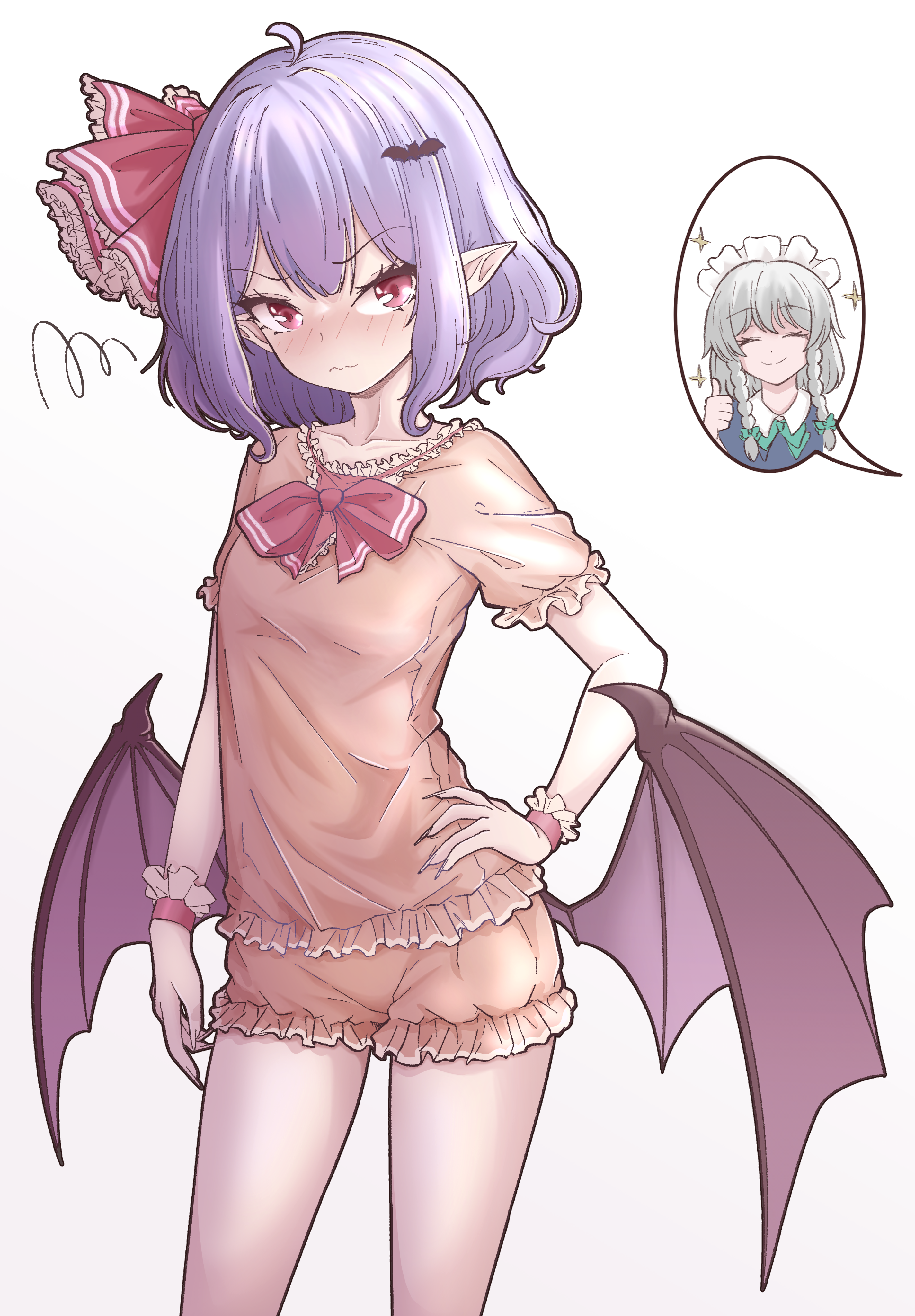 el genso, izayoi sakuya, remilia scarlet, touhou, absurdres, highres, 2girls, bat wings, bloomers, blush, bow, bowtie, collarbone, embarrassed, fingernails, frills, green ribbon, hair ornament, hair ribbon, hand on own hip, image in speech bubble, long fingernails, maid headdress, multiple girls, pink bloomers, pink shirt, pointy ears, purple hair, red bow, red bowtie, red eyes, red ribbon, ribbon, shirt, short hair, sleepwear, speech bubble, swirl, thumbs up, underwear, white background, white hair, wings, wrist cuffs