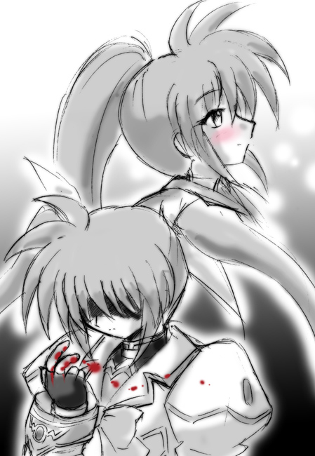 takamachi nanoha, lyrical nanoha, mahou shoujo lyrical nanoha, mahou shoujo lyrical nanoha strikers, 00s, 1girl, blood, blush, bow, dual persona, fingerless gloves, gloves, hair bow, hair over eyes, magical girl, military, military uniform, monochrome, multiple views, portrait, profile, shaded face, side ponytail, spot color, twintails, white devil