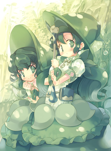 hanpen, puus, 2girls, dress, green eyes, green hair, green theme, hat, multiple girls, nature, wand