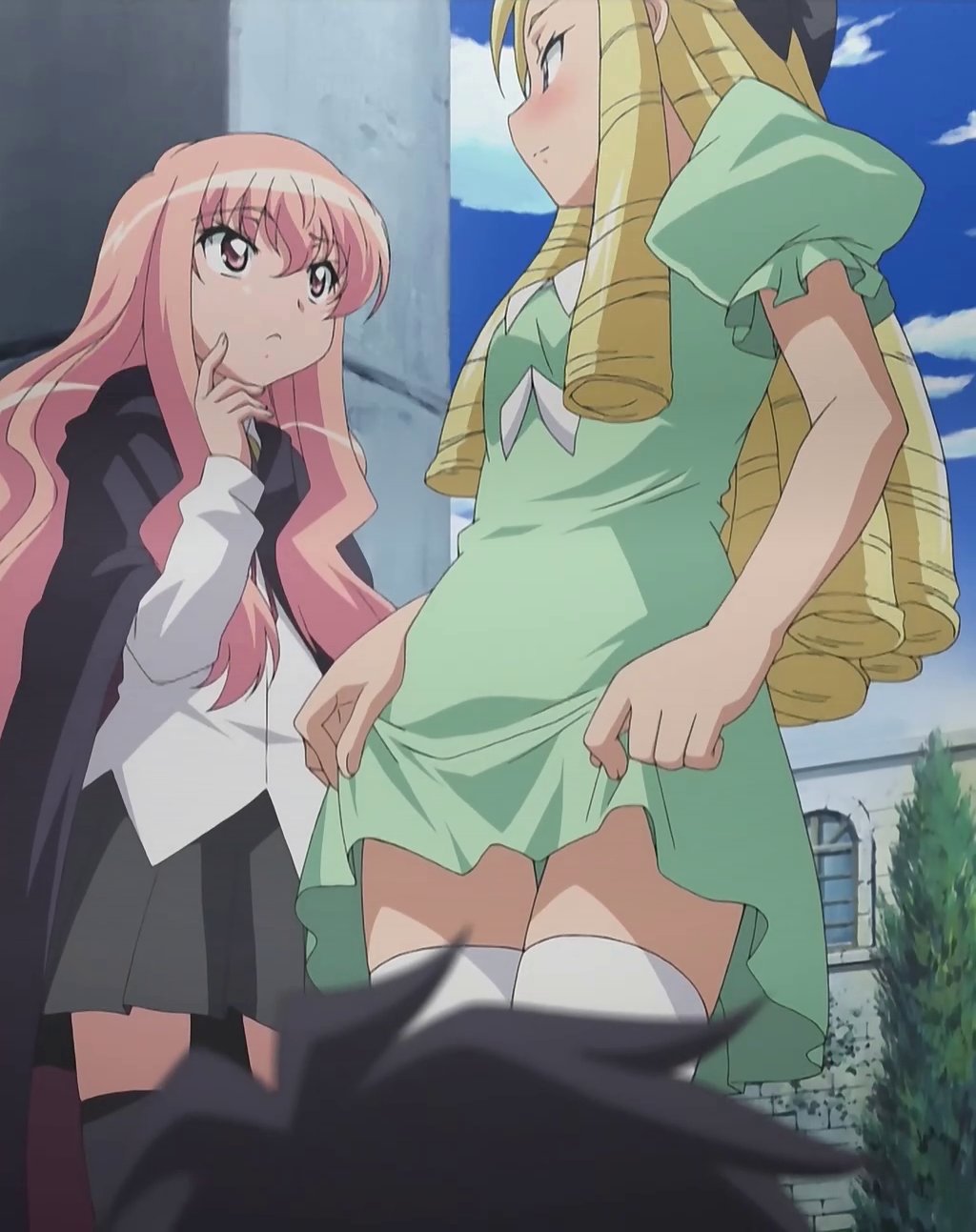hiraga saito, louise francoise le blanc de la valliere, montmorency margarita la fere de montmorency, zero no tsukaima, anime screenshot, highres, stitched, third-party edit, 00s, 1boy, 2girls, blonde hair, clothes lift, drill hair, multiple girls, pink hair, skirt, skirt lift, thighhighs, zettai ryouiki