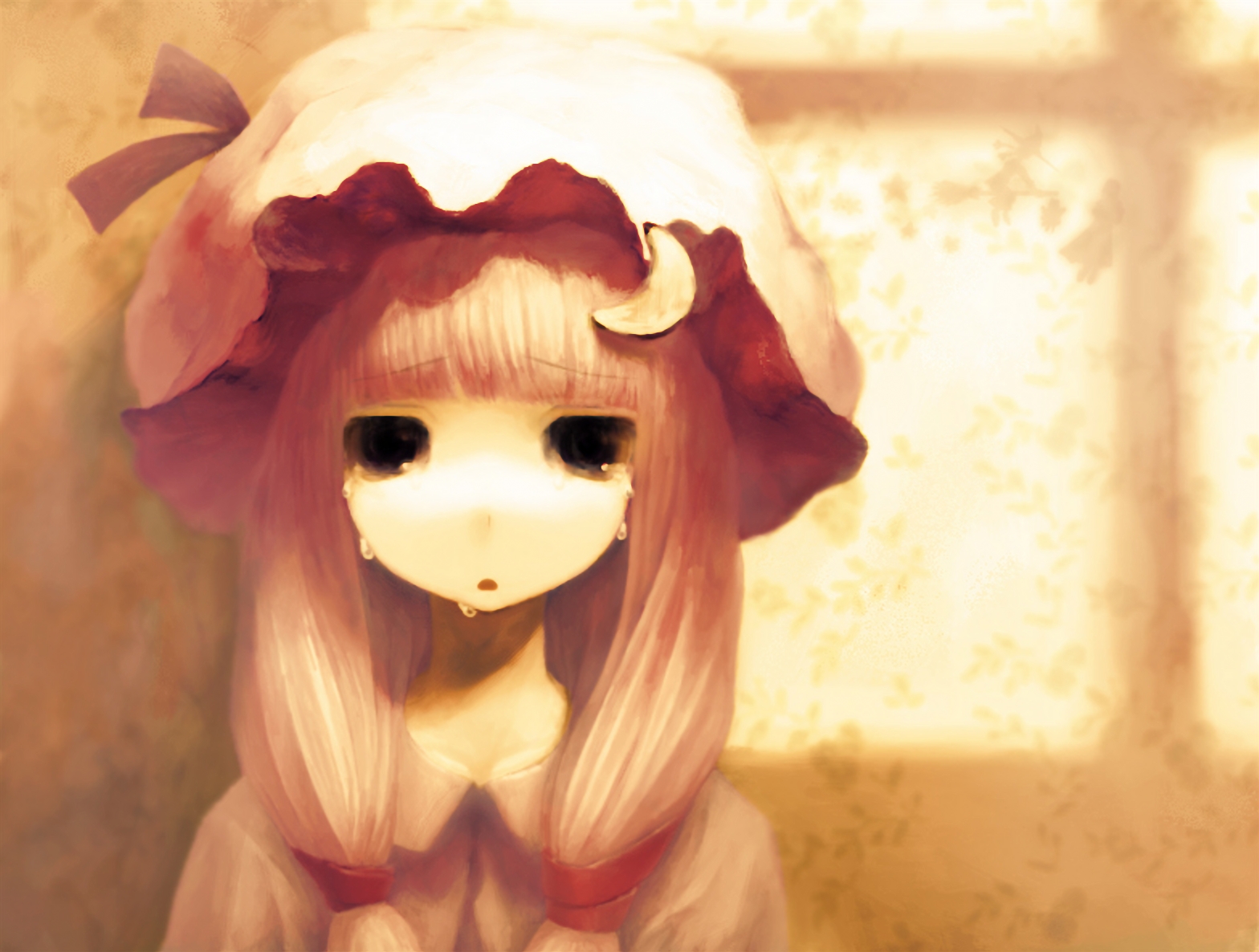 patchouli knowledge, touhou, 1girl, black eyes, brooch, crescent moon, female focus, hat, jewelry, moon, portrait, sepia, solo, tears