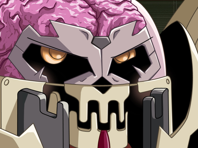 dark brain, banpresto, super robot wars, super robot wars original generation, the great battle, brain, gununu (meme), machinery, meme, no humans, upper body, yellow eyes