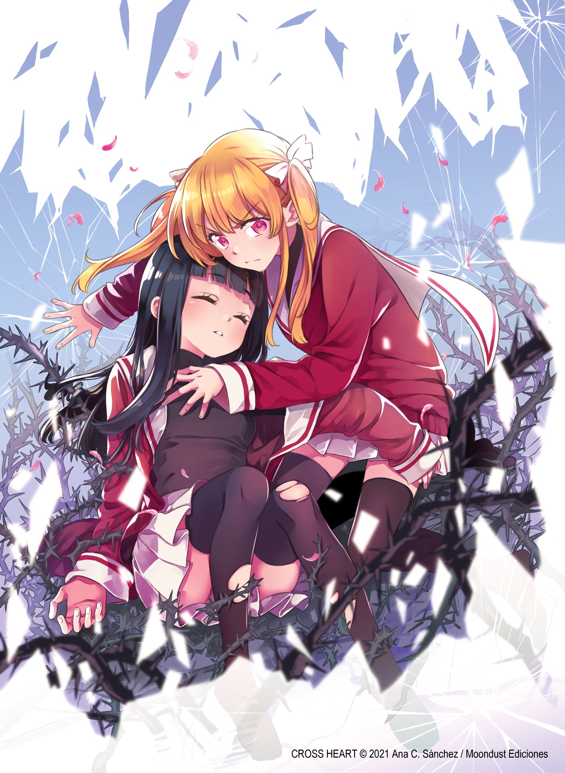 ana c. sanchez, haru (anakris), kotomi (anakris), absurdres, commentary, copyright request, highres, official art, symbol-only commentary, 2girls, artist name, black thighhighs, blonde hair, closed eyes, copyright notice, fingernails, multiple girls, pink eyes, pleated skirt, sailor collar, school uniform, skirt, split mouth, thighhighs, thorns, torn clothes, twintails, v-shaped eyebrows, white sailor collar
