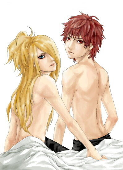 deidara (naruto), sasori (naruto), naruto (series), naruto shippuuden, artist request, 2boys, blonde hair, hair over one eye, male focus, multiple boys, red hair, simple background, topless male, white background, yaoi