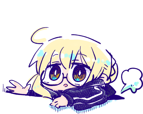 kasuga yuuki, artoria pendragon (fate), mysterious heroine x alter (fate), fate/grand order, fate (series), commentary request, lowres, 1girl, black-framed eyewear, black jacket, blonde hair, braid, brown eyes, chibi, colored shadow, glasses, hair between eyes, hair bun, hood, hood down, hooded jacket, jacket, long sleeves, parted lips, puffy long sleeves, puffy sleeves, semi-rimless eyewear, shadow, simple background, solo, under-rim eyewear, upper body, white background