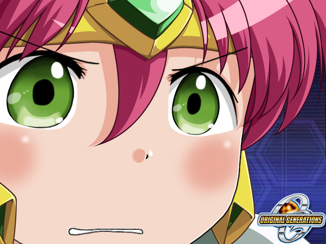 valsione, banpresto, super robot wars, super robot wars original generation, super robot wars the lord of elemental, 1girl, close-up, female focus, green eyes, gununu (meme), meme, pink hair, solo