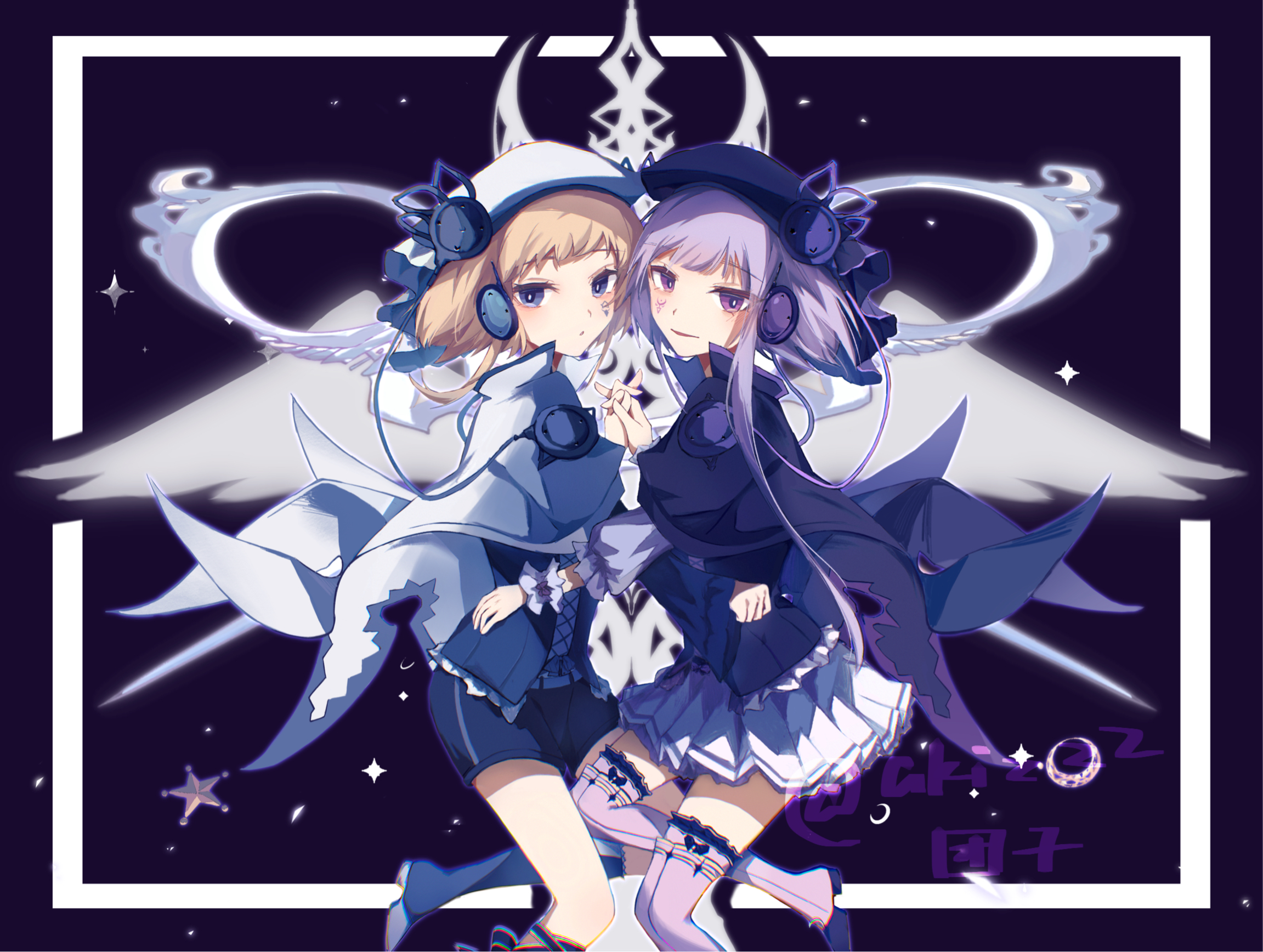 eto (arcaea), luna (arcaea), arcaea, highres, 2girls, :o, akarizzz, beret, black boots, black bow, black cape, black hat, black ribbon, black shirt, black shoes, black shorts, blonde hair, blue bow, blue eyes, blue shirt, boots, bow, buttons, cable, cape, crescent, curly hair, facial tattoo, frilled sleeves, frilled thighhighs, frills, hat, interlocked fingers, large buttons, layered skirt, leg ribbon, long hair, long sleeves, miniskirt, multiple girls, pleated skirt, purple boots, purple bow, purple eyes, purple skirt, purple thighhighs, ribbon, scissors, shirt, shoes, short hair, shorts, siblings, skirt, smile, star (symbol), star tattoo, straight hair, symmetry, tattoo, thigh boots, thigh strap, thighhighs, twins, white bow, white cape, white hair, white hat, wrist cuffs, yuri