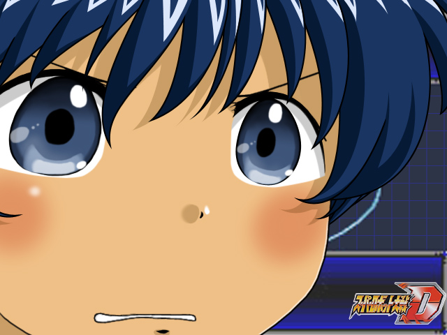 joshua radcliffe, banpresto, super robot wars, super robot wars destiny, 1boy, blue eyes, blue hair, copyright name, gununu (meme), male focus, matching hair/eyes, meme, solo
