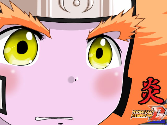 ignis (srwd), banpresto, super robot wars, super robot wars destiny, 1boy, colored skin, copyright name, gununu (meme), male focus, meme, orange hair, purple skin, solo, yellow eyes