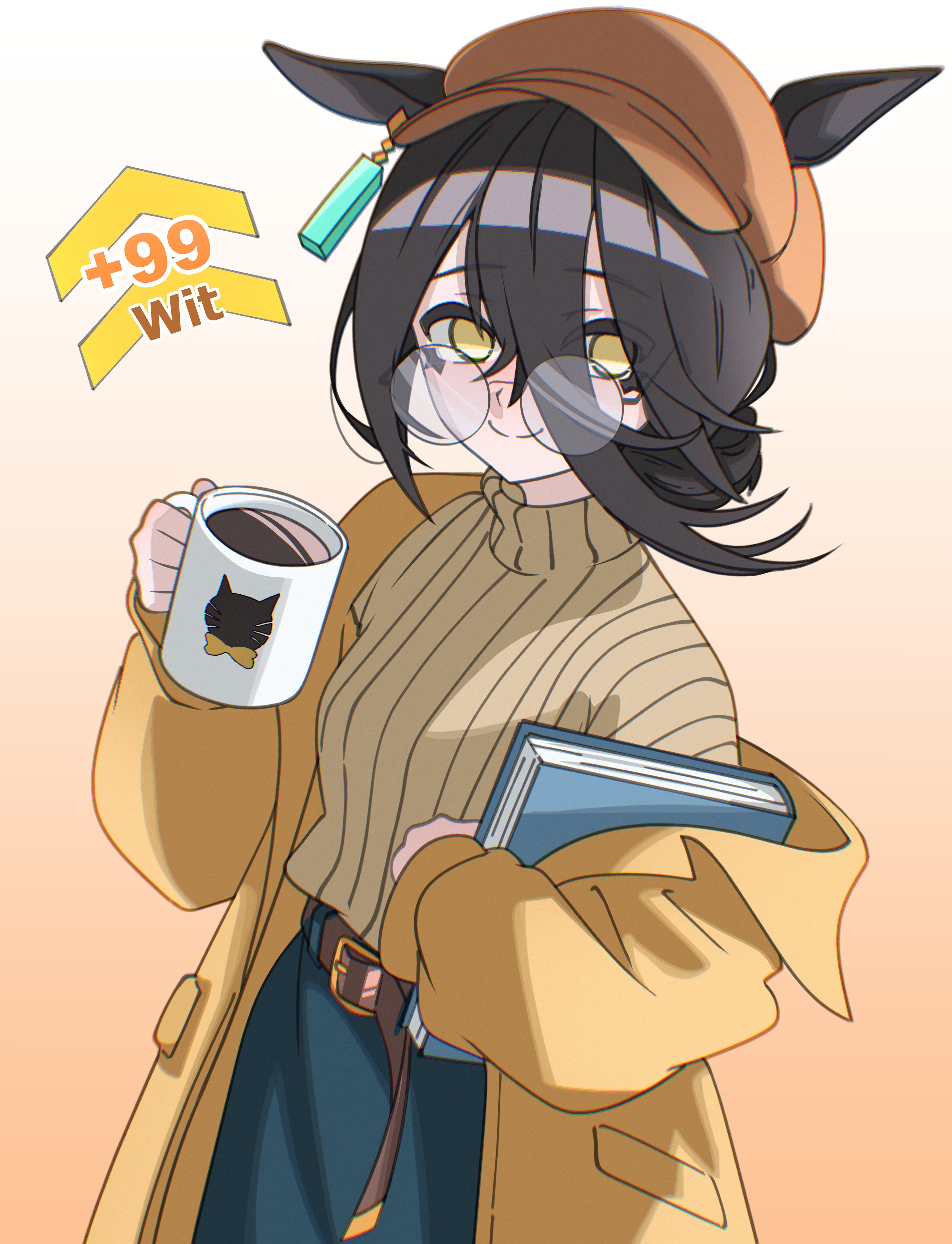 ghuler, manhattan cafe (umamusume), umamusume, absurdres, highres, 1girl, animal ears, belt, black hair, blue skirt, book, brown belt, brown hat, closed mouth, coat, coffee, coffee mug, cup, deerstalker, drink, ear tag, glasses, hair between eyes, hair bun, hat, holding, holding book, holding cup, horse ears, horse girl, long hair between eyes, mug, round eyewear, skirt, smile, solo, sweater, turtleneck, turtleneck sweater, yellow coat, yellow eyes, yellow sweater