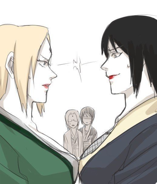 may c, shizune (naruto), tsunade (naruto), naruto: road to ninja, naruto (series), naruto shippuuden, third-party source, 4girls, black hair, blonde hair, breast press, breasts, dual persona, facial mark, fishnets, forehead mark, glasses, japanese clothes, large breasts, multiple girls, red lips, shaded face, smile, symmetrical docking