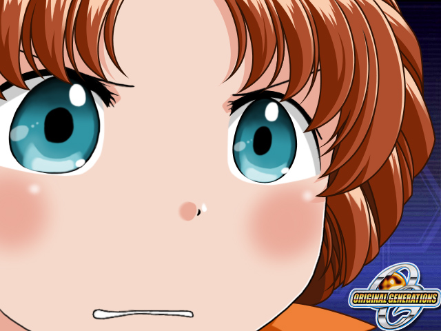 tsugumi takakura, banpresto, super robot wars, super robot wars original generation, brown hair, green eyes, gununu (meme), meme, solo