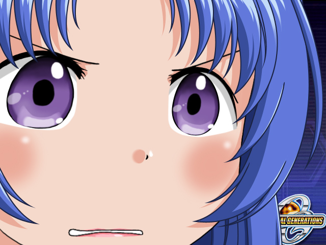 sleigh presty, banpresto, super robot wars, super robot wars original generation, blue hair, gununu (meme), meme, parody, purple eyes, solo