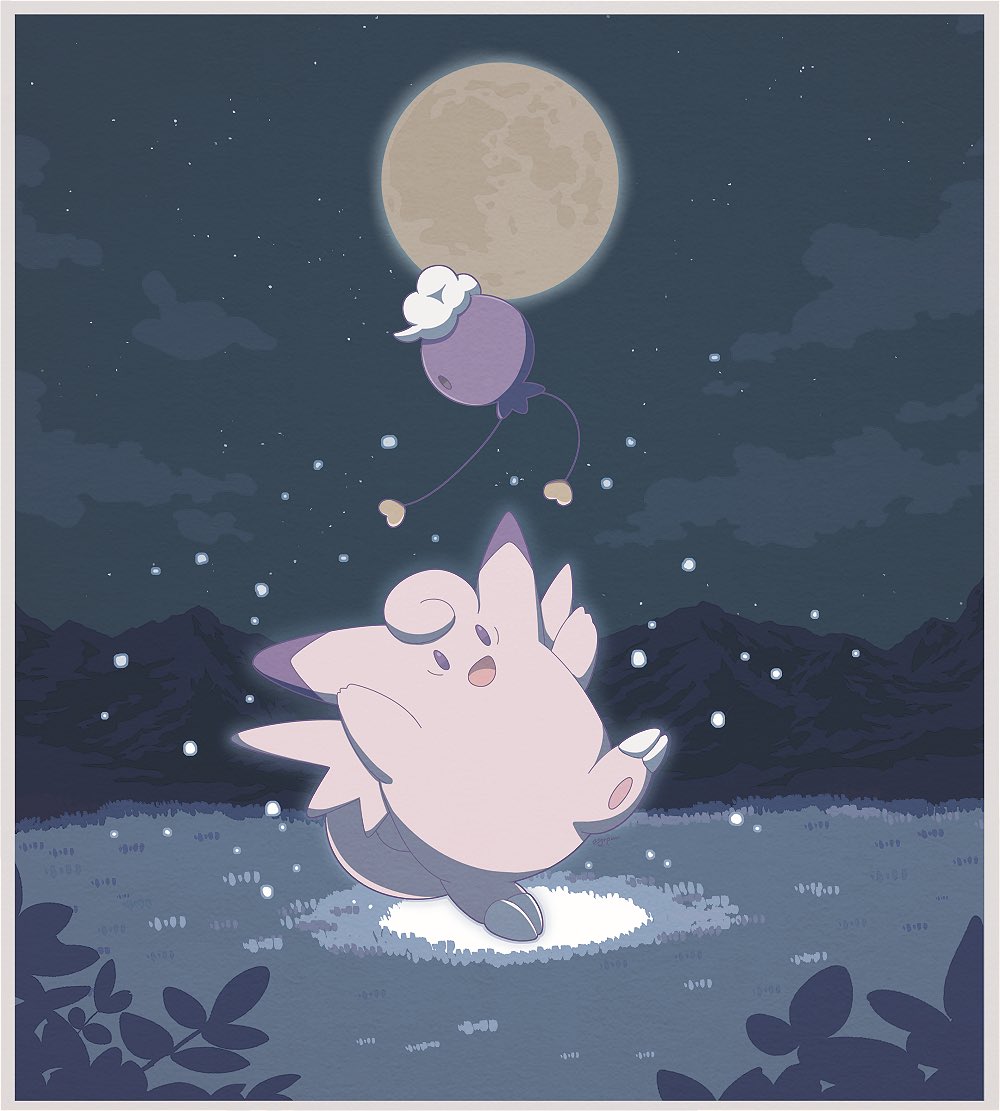 asgr pww, clefable, drifloon, nintendo, pokemon, commentary request, cloud, floating, full moon, gen 1 pokemon, gen 4 pokemon, glowing, grass, leaf, looking down, looking up, moon, night, no humans, open mouth, outdoors, pokemon (creature)