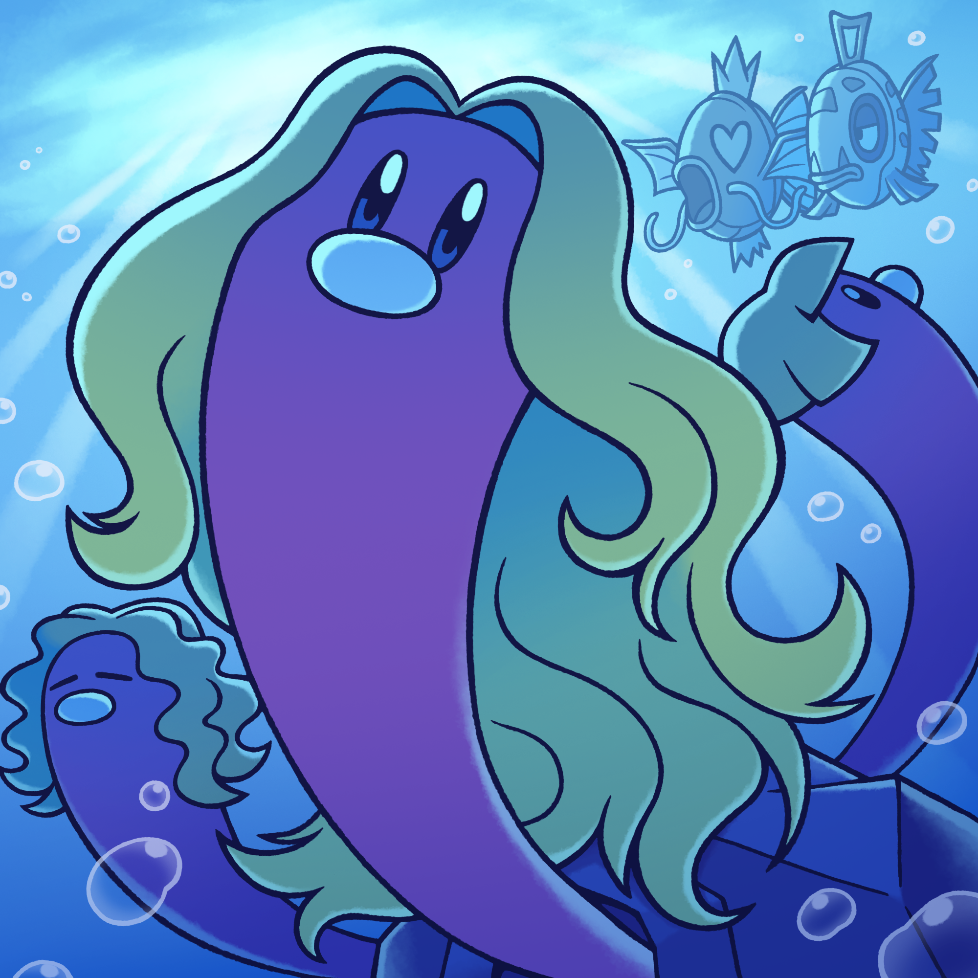 nintooner, alolan dugtrio, feebas, magikarp, wugtrio, nintendo, pokemon, highres, = =, air bubble, alolan dugtrio (cosplay), alolan form, animal focus, blonde hair, bubble, closed eyes, cosplay, fish, gen 1 pokemon, gen 3 pokemon, gen 7 pokemon, half-closed eyes, heart, heart-shaped eyes, lips, long hair, medium hair, no humans, open mouth, pokemon (creature), pokemon focus, rock, short hair, underwater