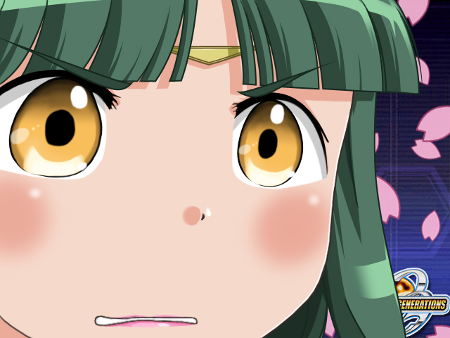 ouka nagisa, banpresto, super robot wars, super robot wars original generation, green hair, gununu (meme), meme, solo, yellow eyes