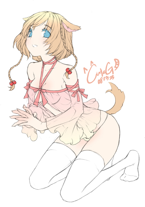 cuteg, bad id, bad pixiv id, 1girl, animal ears, blue eyes, braid, breasts, brown hair, cleavage, dog ears, feet, female focus, ribbon, small breasts, solo, tail, thighhighs, twin braids