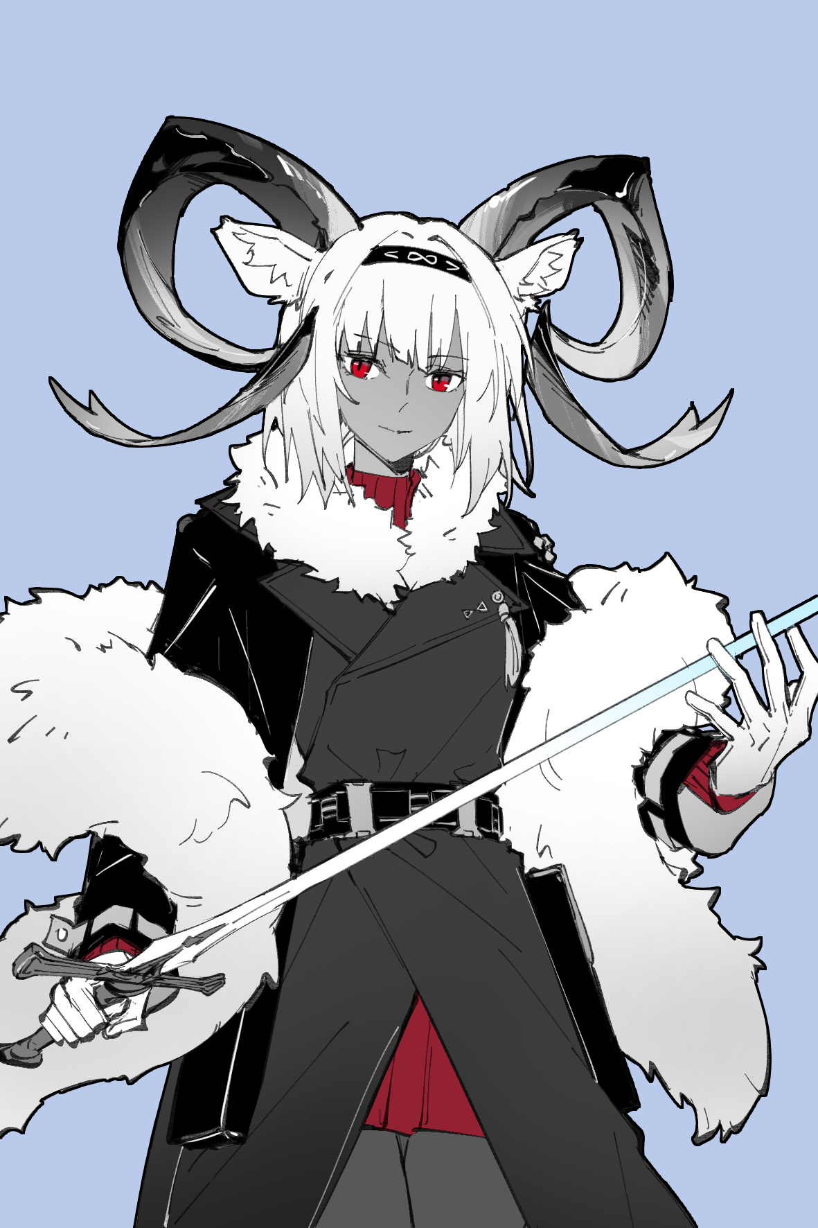 piaoliu ping ping ping pingzi, carnelian (arknights), carnelian (hohenlohe chillysand) (arknights), arknights, chinese commentary, commentary request, highres, partial commentary, 1girl, animal ear fluff, animal ears, closed mouth, coat, cowboy shot, curled horns, dark-skinned female, dark skin, fur (clothing), gloves, hair intakes, holding, holding sword, holding weapon, horns, light smile, long sleeves, looking at viewer, official alternate costume, partially colored, purple background, red eyes, red skirt, short hair, simple background, skirt, solo, standing, sword, weapon