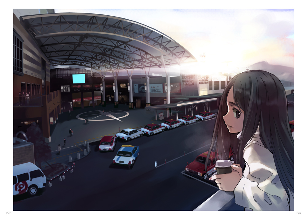 matsumoto noriyuki, original, vehicle, 1girl, black eyes, black hair, coffee, motor vehicle, real world location, solo focus, taxi, train station, van