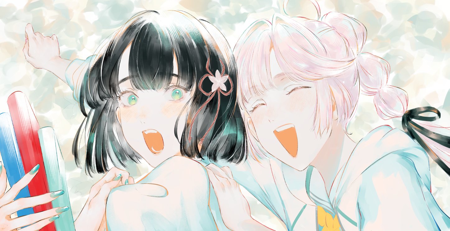 yoruneko yashiro, anyoji hime, momose ginko, link! like! love live!, love live!, commentary, 2girls, :d, ^ ^, black hair, black ribbon, blunt bangs, blunt ends, bob cut, book, closed eyes, dress, flower, flower knot, hair flower, hair ornament, hair ribbon, hasu no sora school uniform, holding, holding book, hood, hooded jacket, jacket, long hair, multi-tied hair, multiple girls, neckerchief, open clothes, open jacket, open mouth, pink hair, ponytail, portrait, puffy short sleeves, puffy sleeves, ribbon, sailor collar, sailor dress, school uniform, short hair, short sleeves, smile, summer uniform, teeth, upper teeth only, virtual youtuber, white dress, white flower, white jacket, white sailor collar, yellow neckerchief