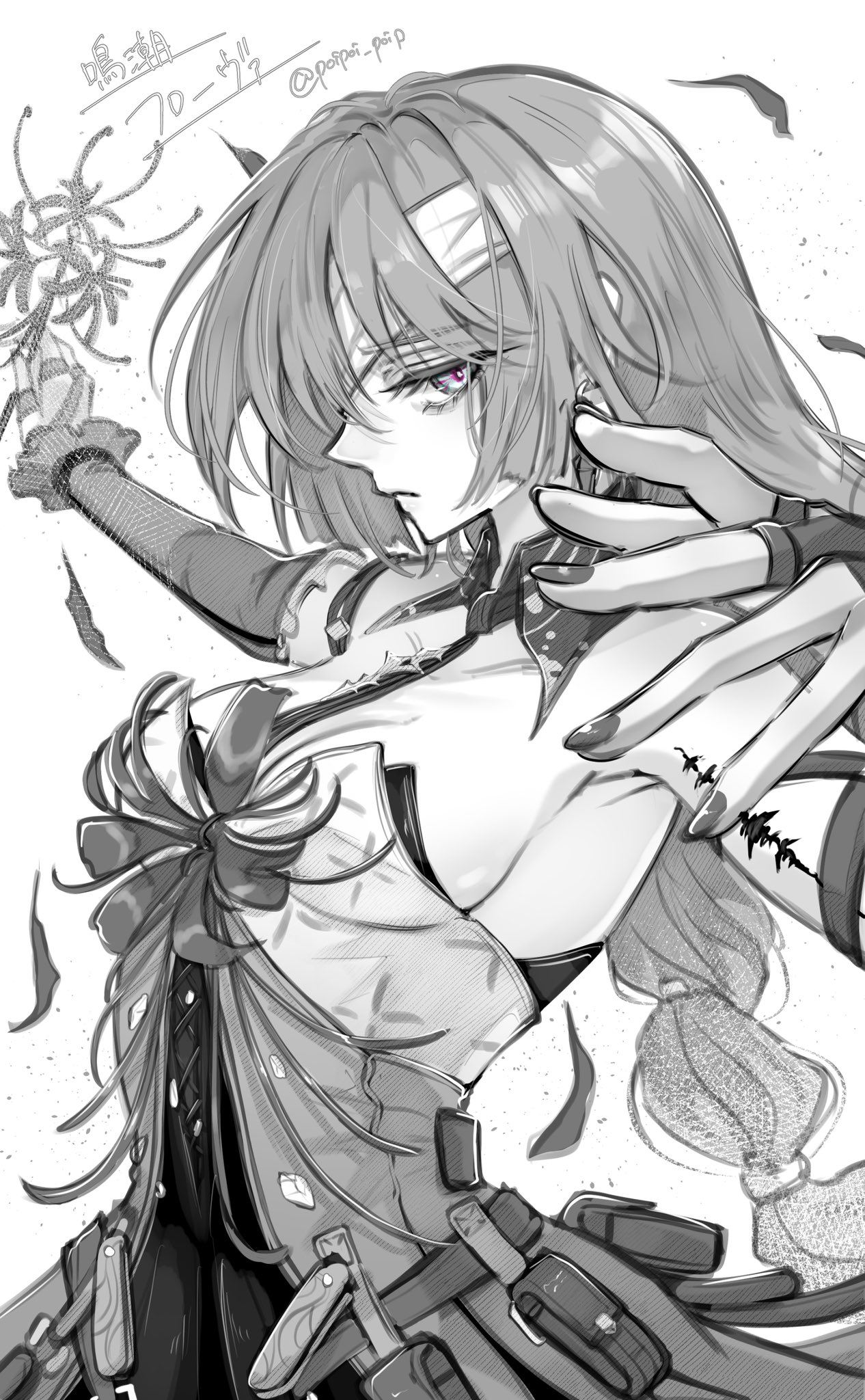 poipoi poip, phrolova (wuthering waves), wuthering waves, commentary request, highres, 1girl, breasts, dress, fingernails, flower, halter dress, halterneck, hand up, holding, holding flower, looking at viewer, medium breasts, outstretched arm, petals, red pupils, skirt, solo, spider lily, tacet mark (wuthering waves), twitter username, upper body