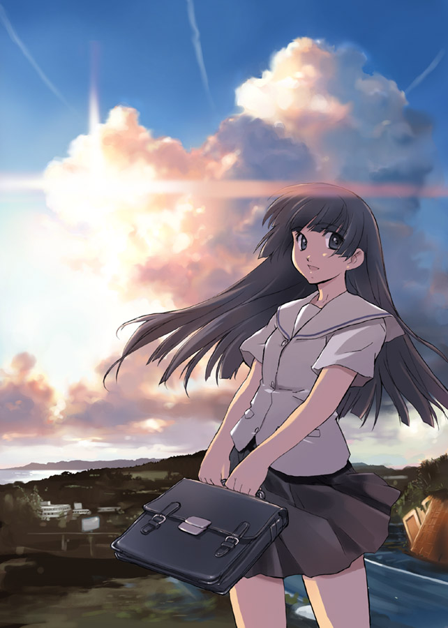matsumoto noriyuki, bag, black eyes, black hair, school bag, school uniform, serafuku, sky, solo