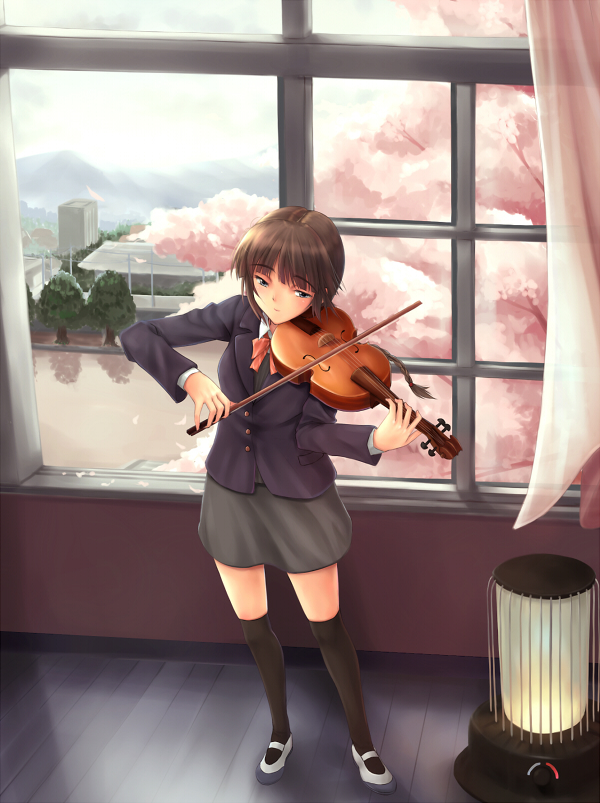 yuki usagi (mofurafu), original, eyebrows, striped neckwear, 1girl, black thighhighs, blazer, blunt bangs, bow, bow (music), bowtie, braid, brown eyes, brown hair, buttons, cherry blossoms, cloud, cloudy sky, curtains, day, female focus, grey skirt, heater, indoors, instrument, jacket, legs, long hair, long sleeves, mary janes, music, over-kneehighs, playing instrument, pocket, school, school uniform, serafuku, shirt, shoes, single braid, skirt, sky, solo, striped bow, striped bowtie, striped clothes, thighhighs, tree, violin, white shirt, window