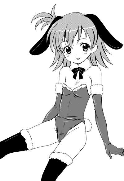 aoyama reo, yumeno koto, onegai my melody, sanrio, 00s, :p, animal ears, blush, bow, bowtie, cameltoe, elbow gloves, fake animal ears, flat chest, gloves, greyscale, leotard, loli, monochrome, playboy bunny, rabbit ears, rabbit tail, short hair, side ponytail, sitting, solo, tail, thighhighs, tongue, tongue out, zettai ryouiki